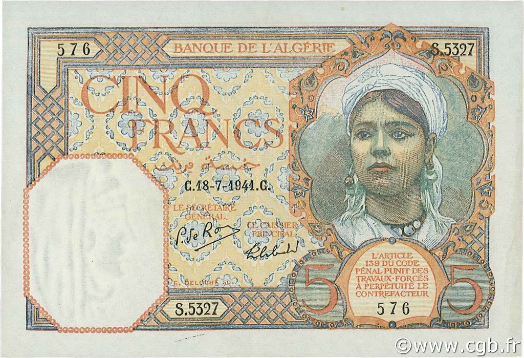 5 Francs ALGÉRIE  1941 P.077b SUP+