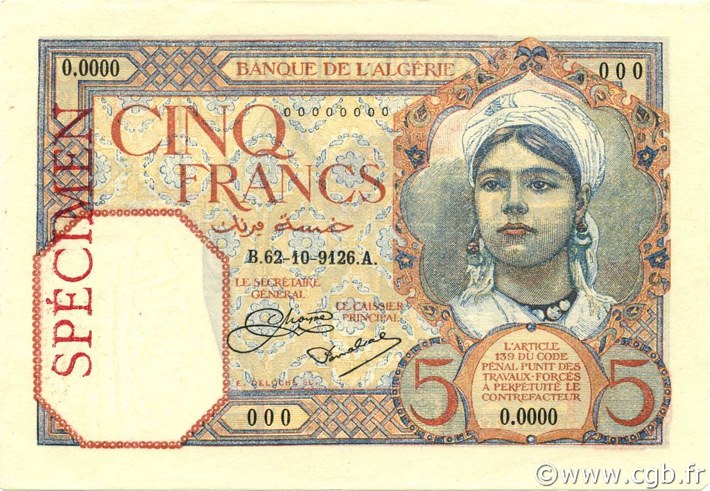 5 Francs Spécimen ALGÉRIE  1926 P.077s pr.NEUF