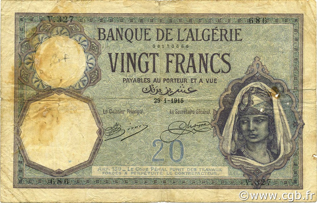 20 Francs ALGERIA  1915 P.078a F