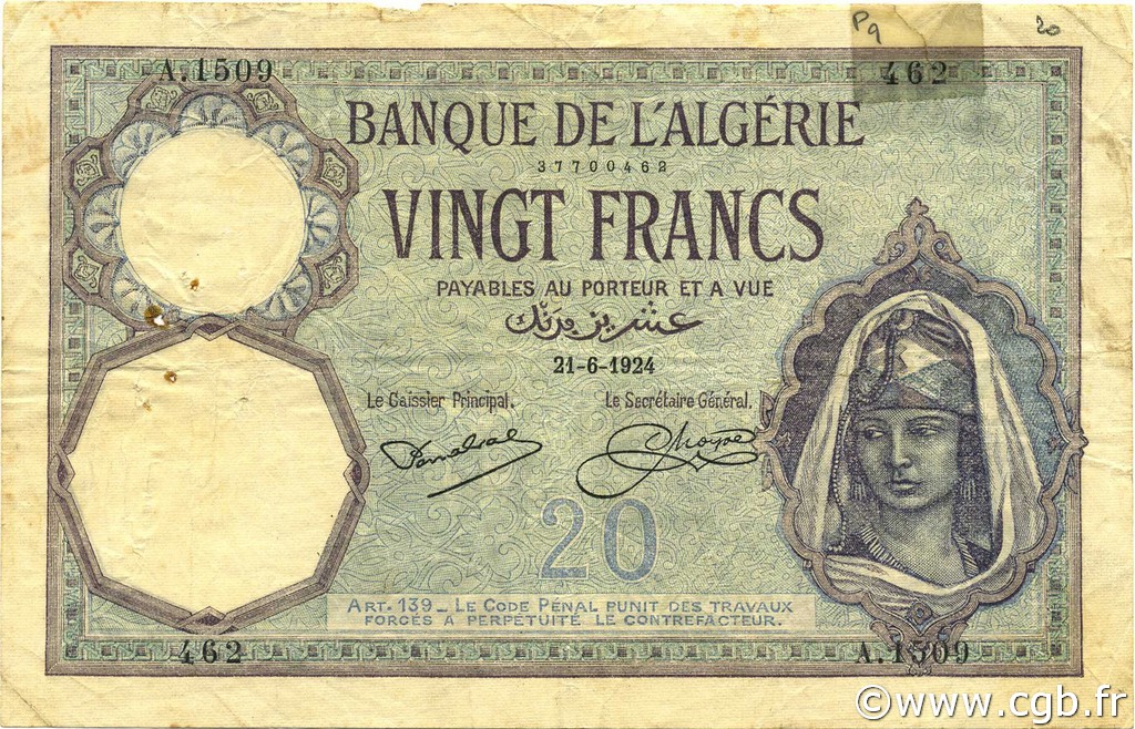 20 Francs ALGÉRIE  1924 P.078b TB