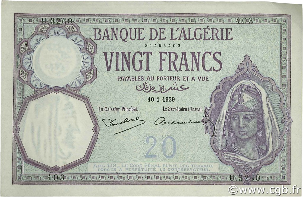 20 Francs ALGÉRIE  1939 P.078c pr.SPL