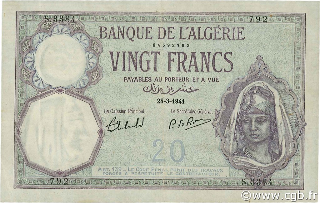 20 Francs ALGÉRIE  1941 P.078c TTB+