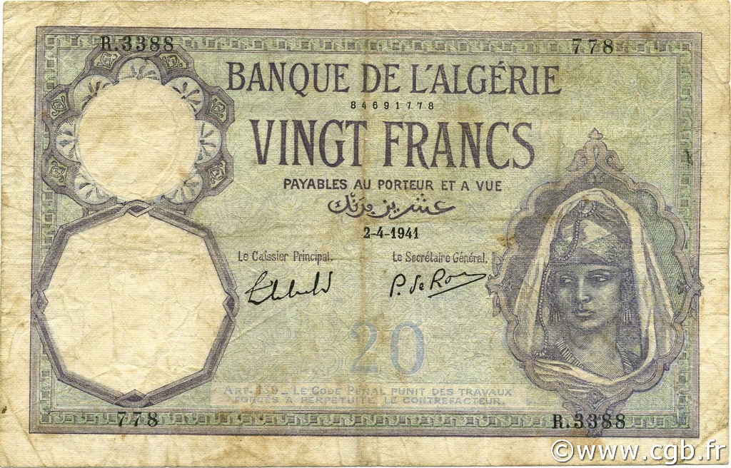 20 Francs ALGÉRIE  1941 P.078c TB