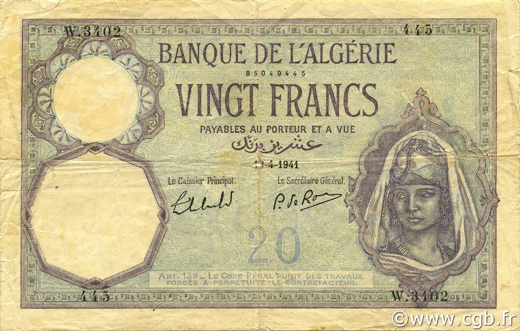 20 Francs ALGÉRIE  1941 P.078c pr.TB