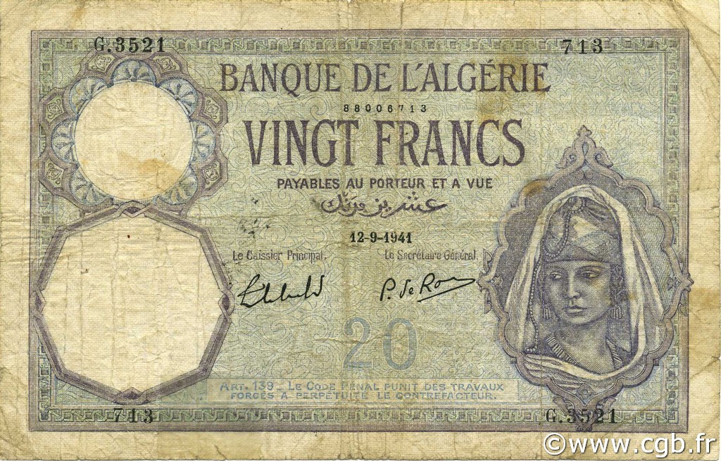 20 Francs ALGÉRIE  1941 P.078c B