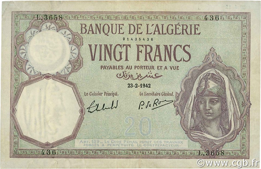 20 Francs ALGÉRIE  1942 P.078c TTB