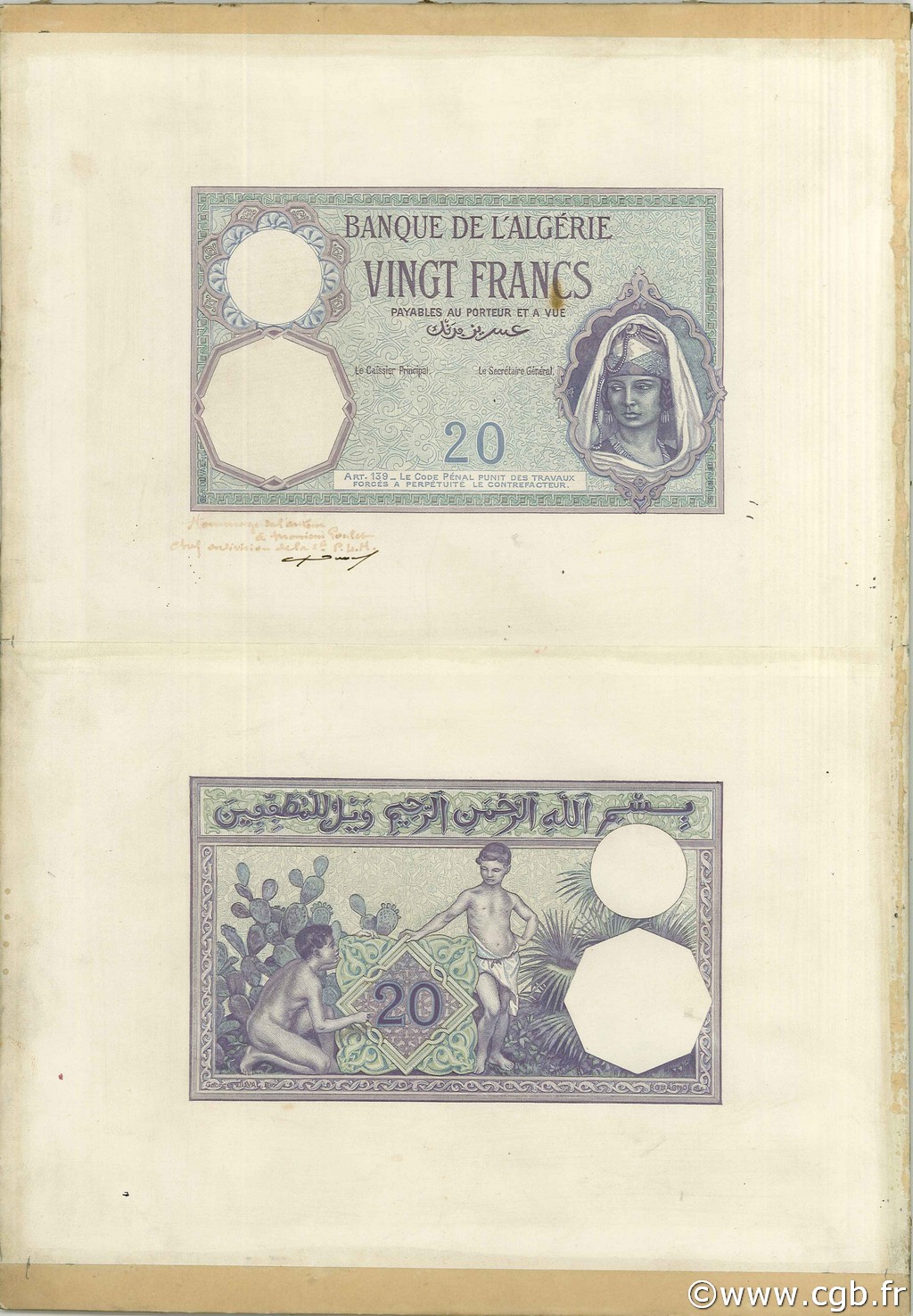20 Francs ALGERIEN  1912 P.078s VZ