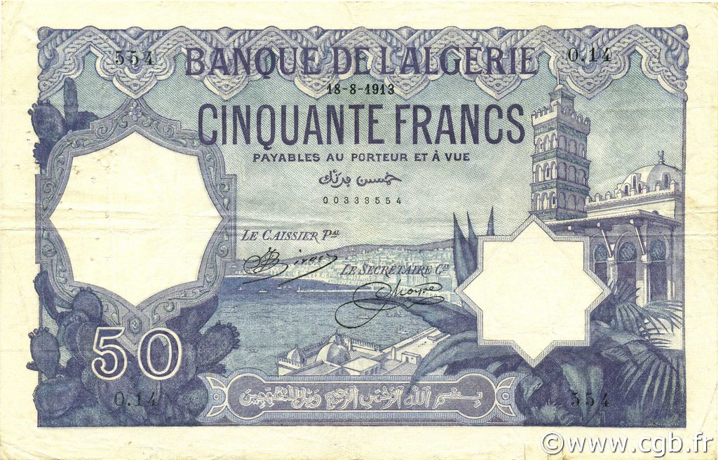 50 Francs ALGÉRIE  1913 P.079 TTB