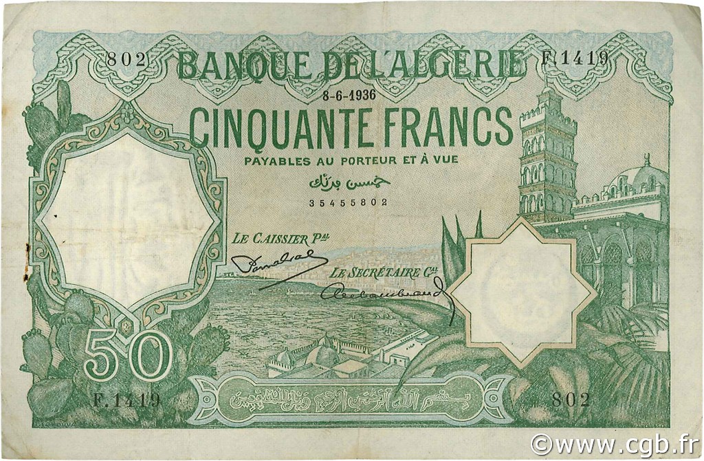 50 Francs ALGÉRIE  1936 P.080a TTB
