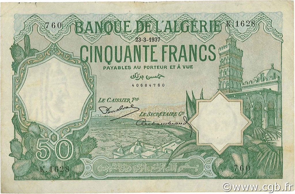 50 Francs ALGÉRIE  1937 P.080a pr.TTB