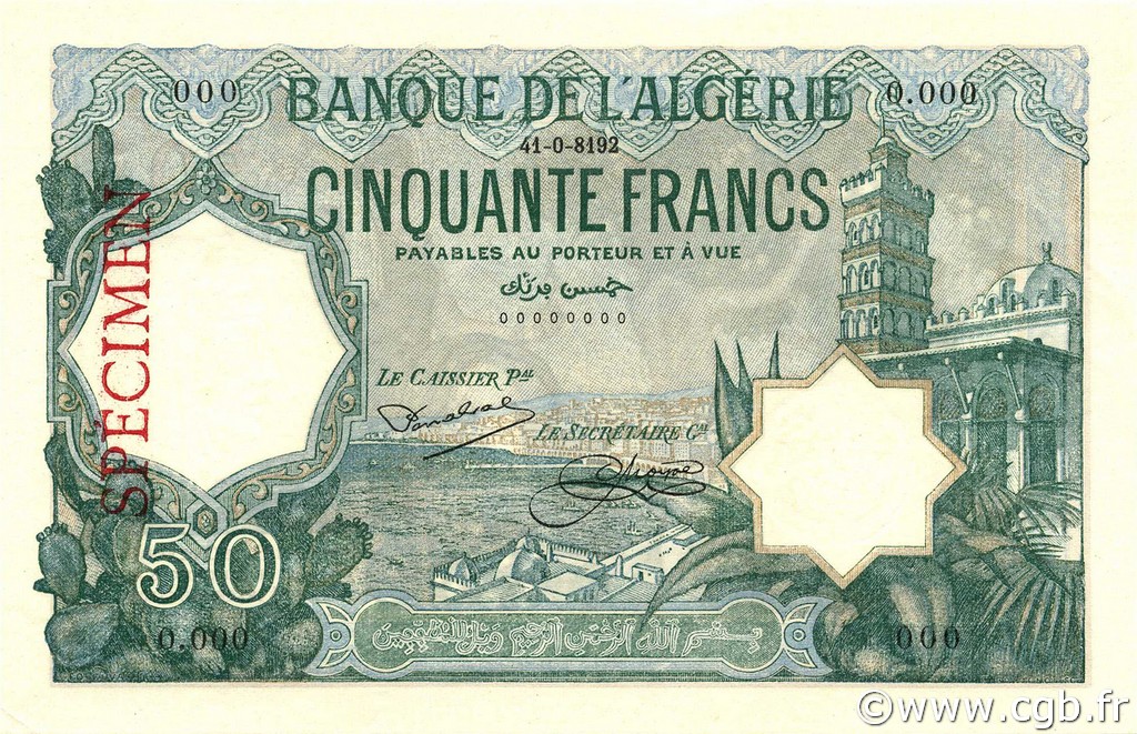 50 Francs ALGÉRIE  1928 P.080s pr.NEUF