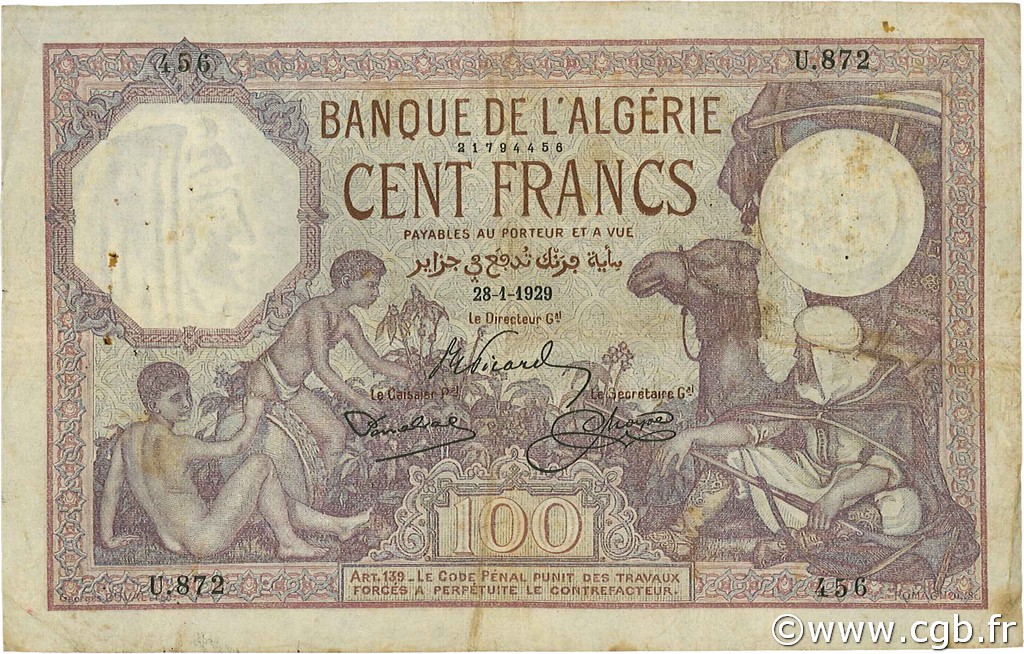 100 Francs ALGÉRIE  1929 P.081b TB