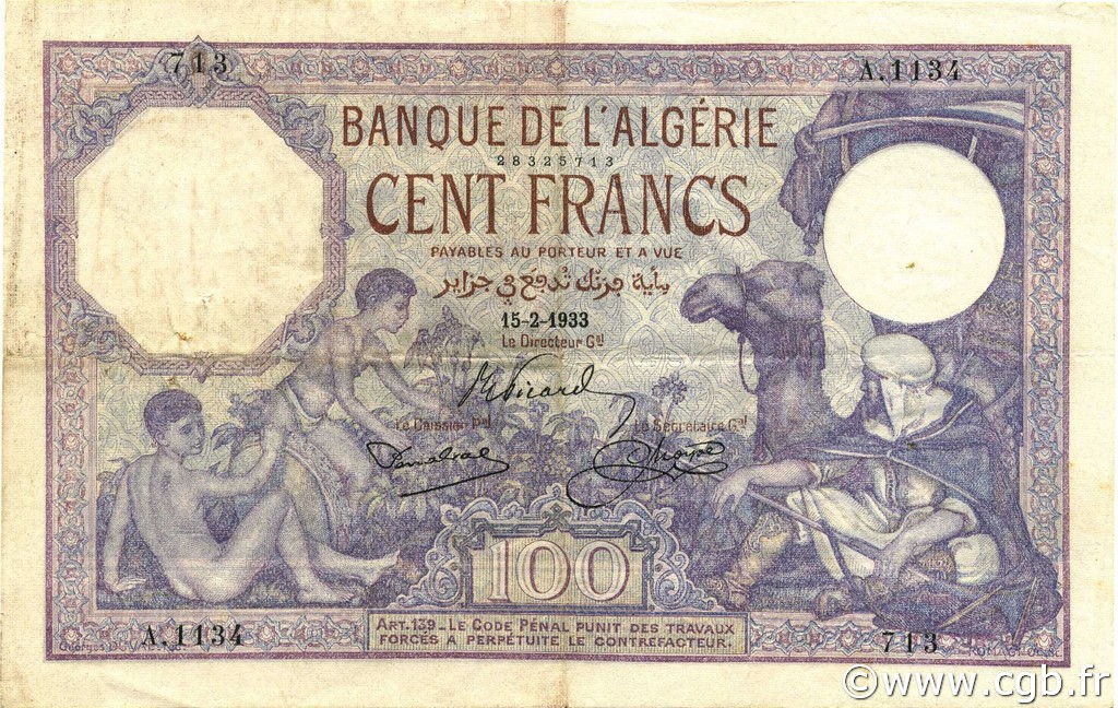 100 Francs ALGÉRIE  1933 P.081b TTB