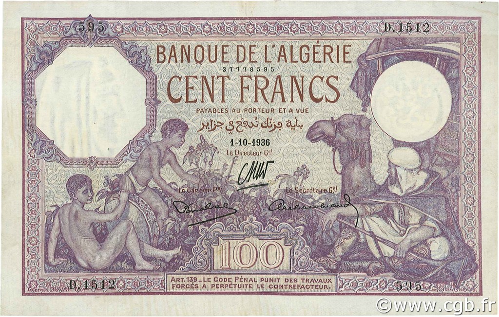 100 Francs ALGÉRIE  1936 P.081b TTB+