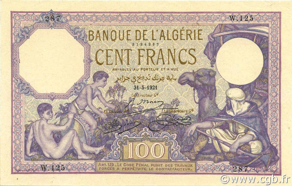 100 Francs Épreuve ALGERIA  1921 P.081s UNC-