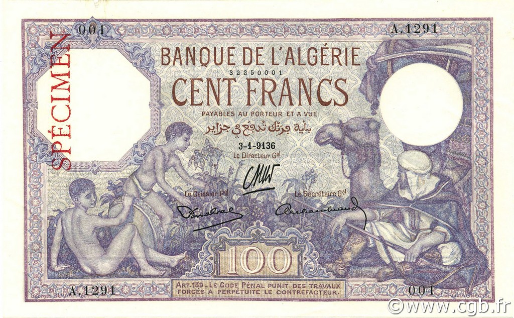 100 Francs Spécimen ALGÉRIE  1936 P.081s SPL