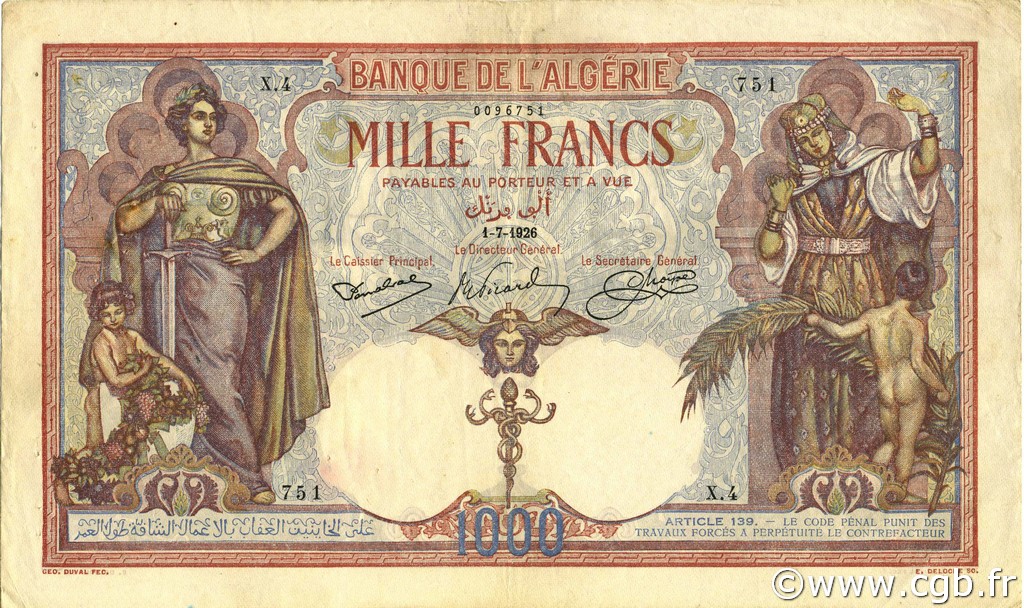 1000 Francs ALGÉRIE  1926 P.083a TTB