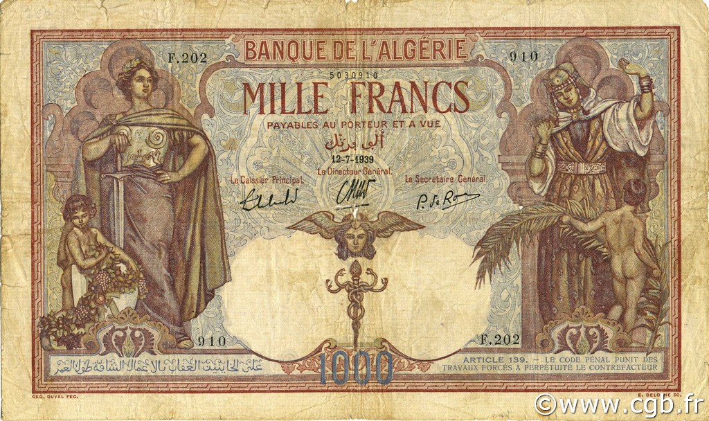 1000 Francs ALGÉRIE  1939 P.083a B+