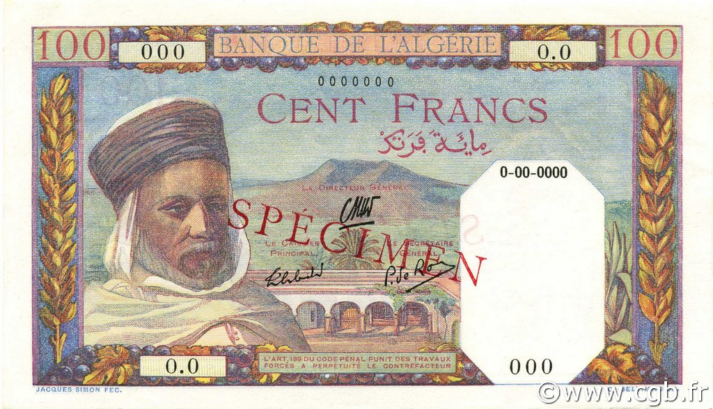 100 Francs Spécimen ALGÉRIE  1938 P.085s pr.NEUF