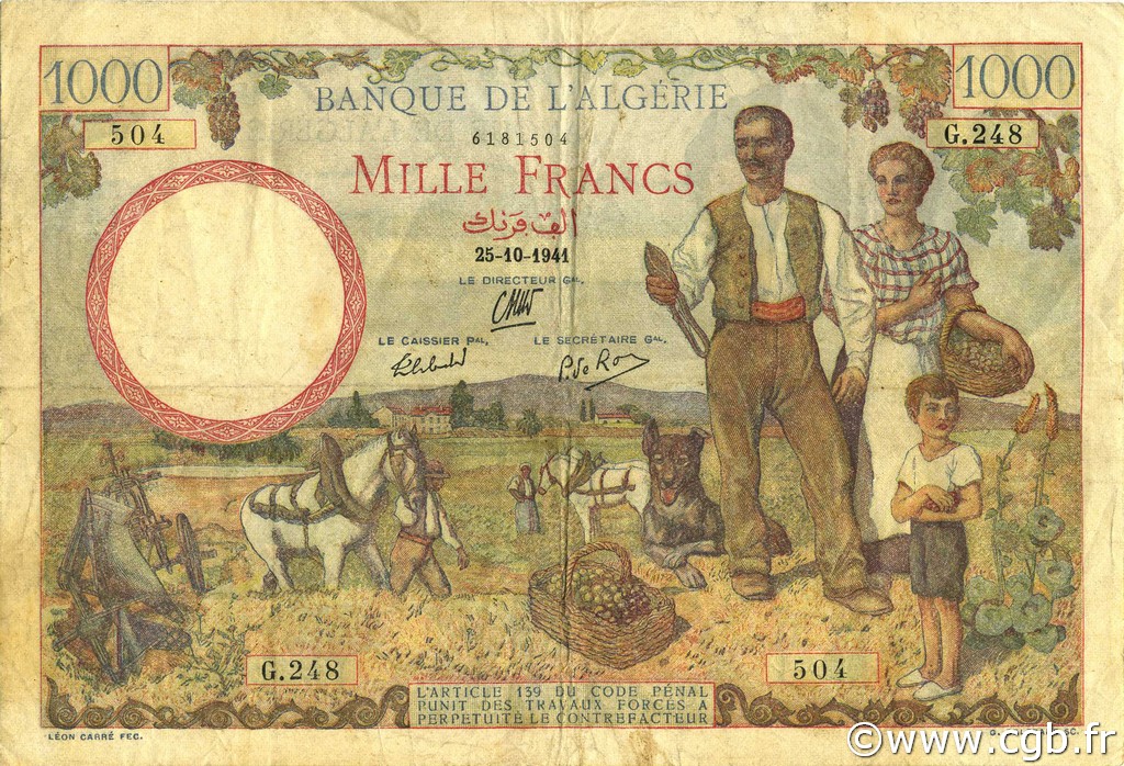 1000 Francs ALGÉRIE  1941 P.086 TTB