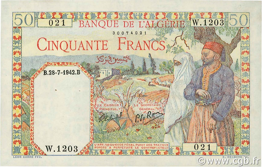 50 Francs ALGÉRIE  1942 P.087 pr.SPL