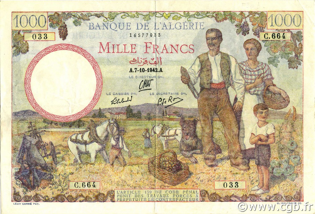 1000 Francs ALGÉRIE  1942 P.089 TTB+
