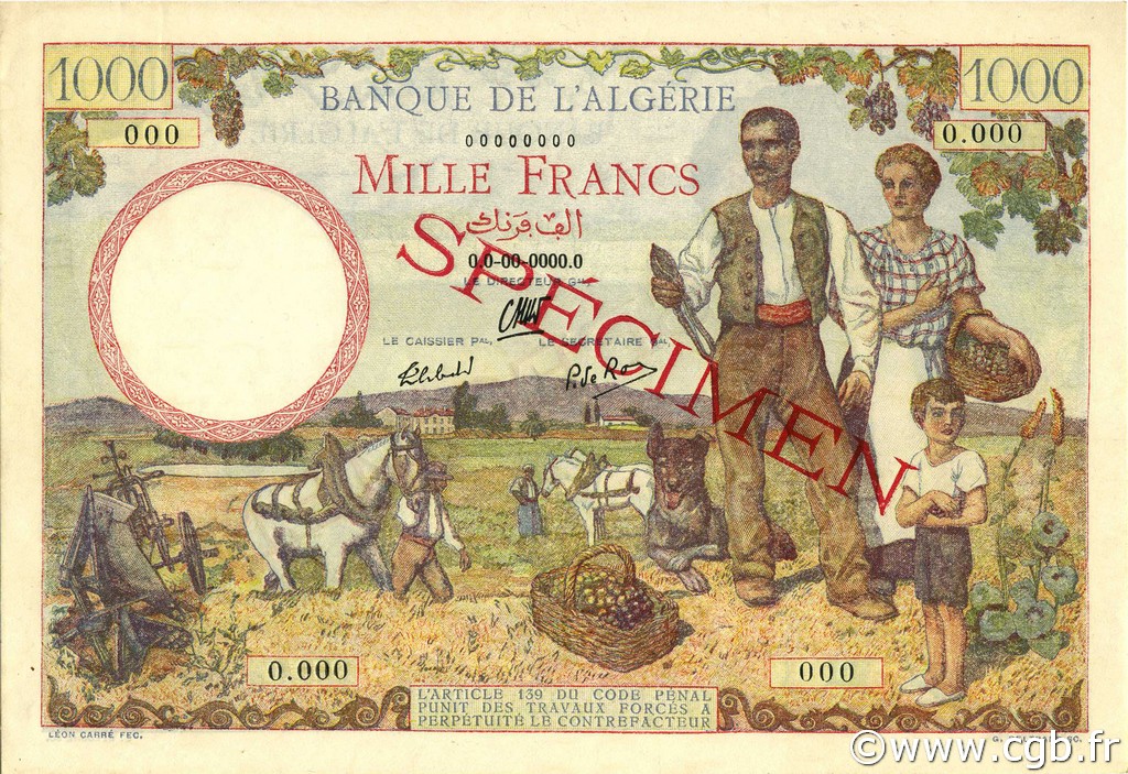 1000 Francs ALGÉRIE  1942 P.089s pr.NEUF