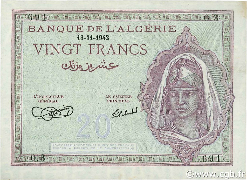 20 Francs ALGÉRIE  1942 P.092a SUP+