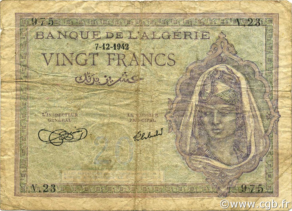 20 Francs ALGÉRIE  1942 P.092a pr.TB