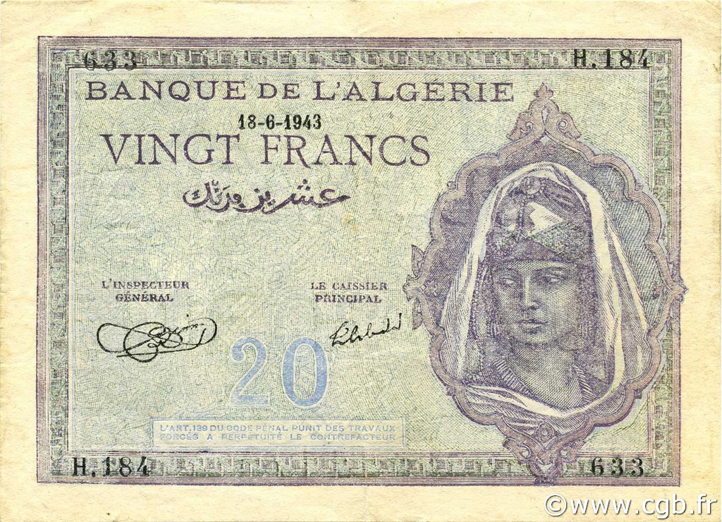 20 Francs ALGÉRIE  1943 P.092a SUP