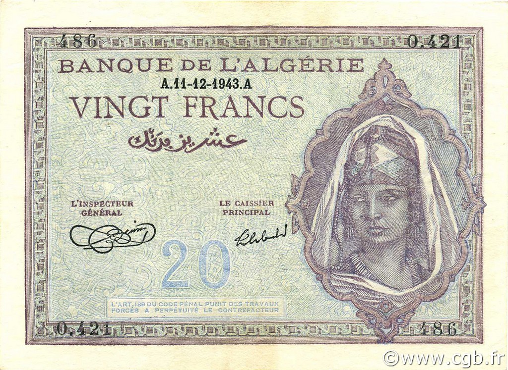 20 Francs ALGÉRIE  1943 P.092a SPL