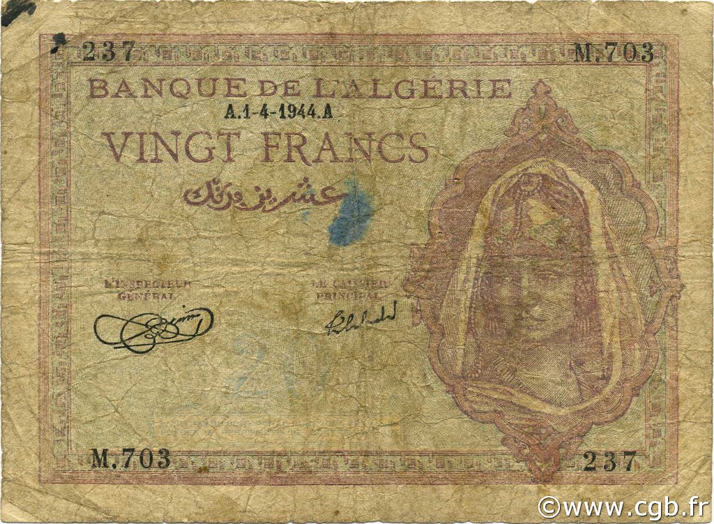 20 Francs ALGÉRIE  1944 P.092a B