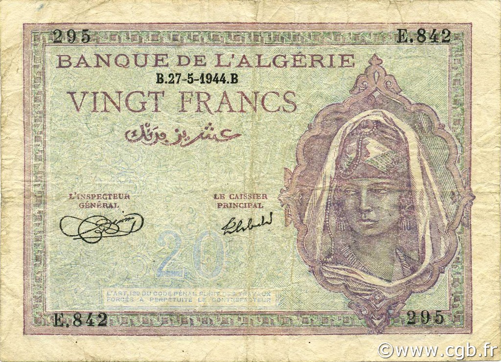 20 Francs ALGÉRIE  1944 P.092a TB à TTB