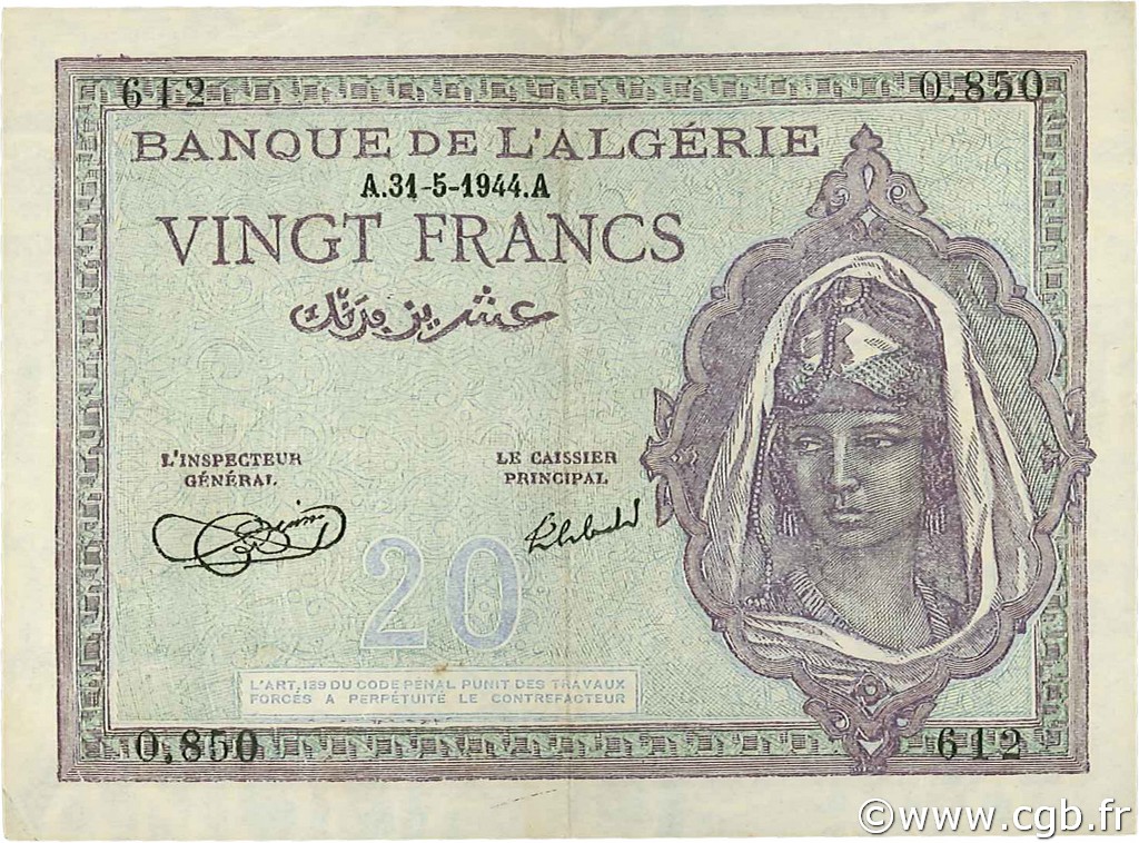 20 Francs ALGÉRIE  1944 P.092a SUP