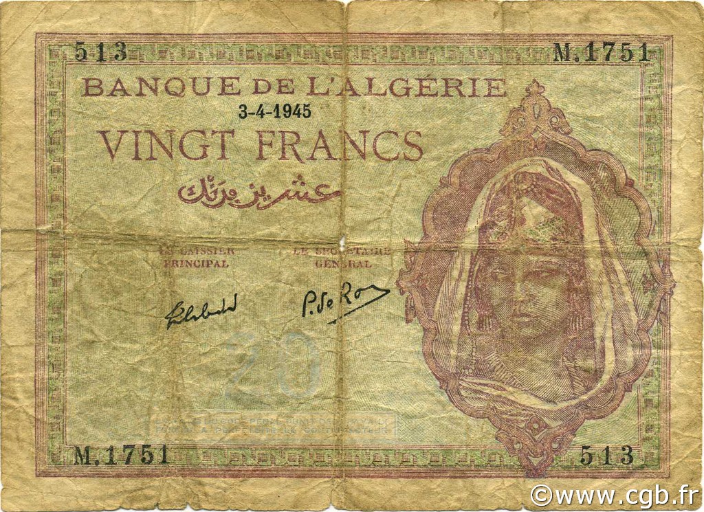 20 Francs ALGÉRIE  1945 P.092b B+