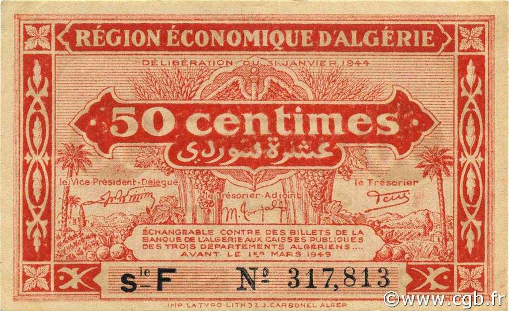 50 Centimes ALGÉRIE  1944 P.097b pr.NEUF