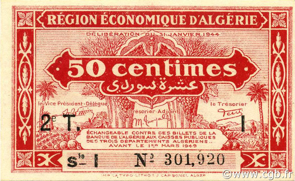 50 Centimes ALGÉRIE  1944 P.100 NEUF