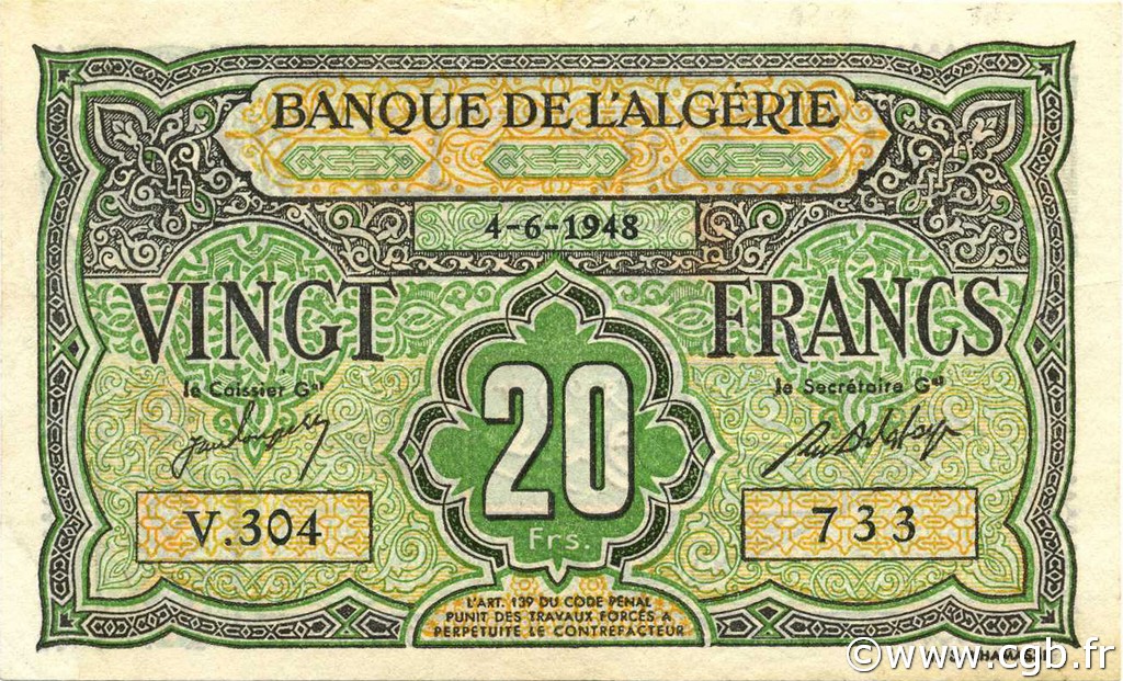 20 Francs ALGÉRIE  1948 P.103 SUP