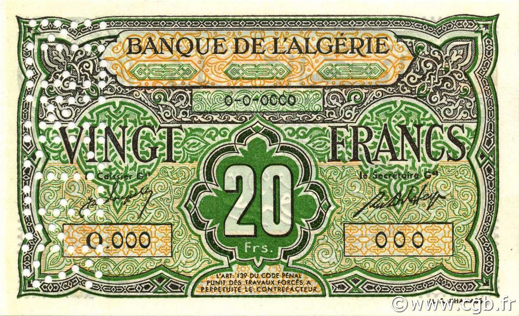 20 Francs Spécimen ALGÉRIE  1948 P.103s NEUF