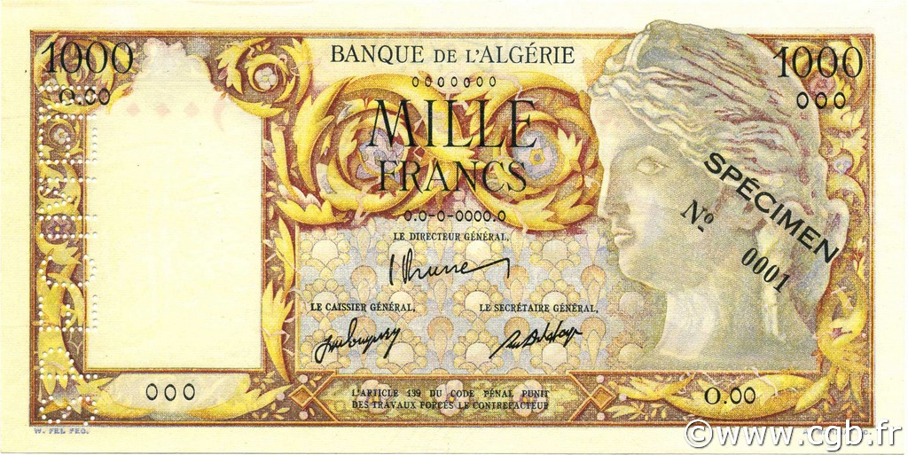 1000 Francs ALGÉRIE  1946 P.104s pr.NEUF