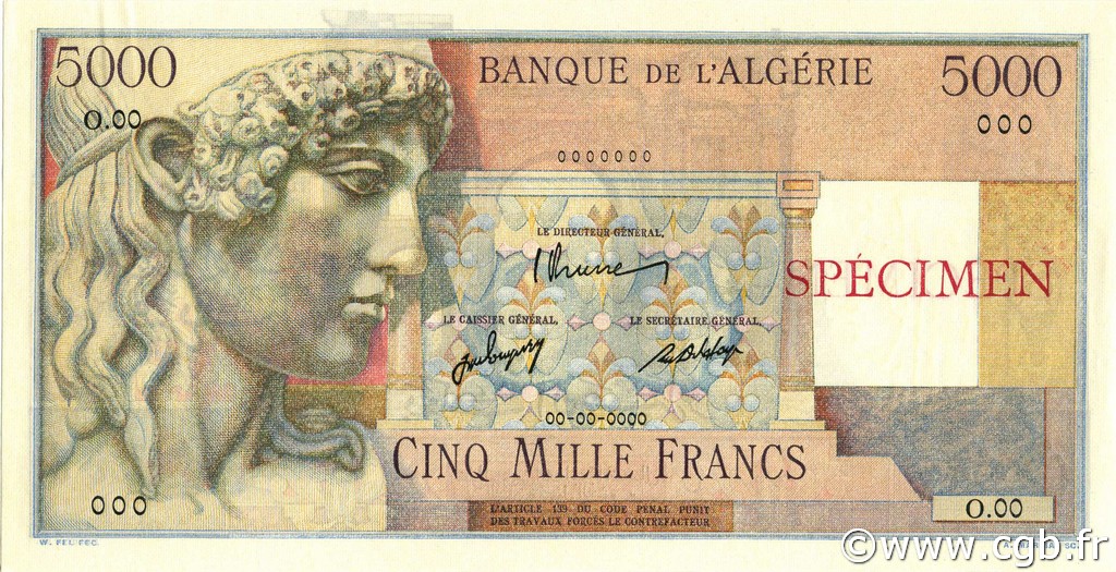 5000 Francs ALGÉRIE  1946 P.105s pr.NEUF