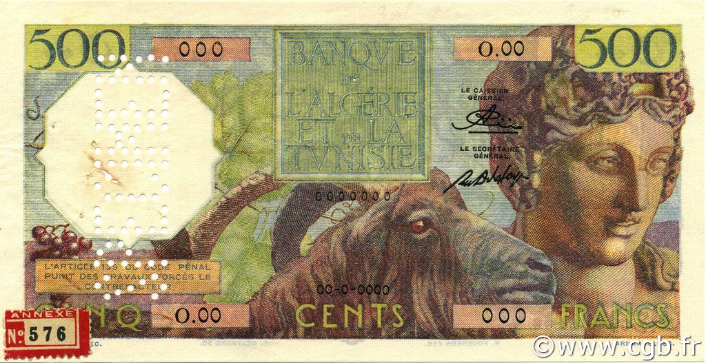 500 Francs Spécimen ALGÉRIE  1950 P.106s TTB+