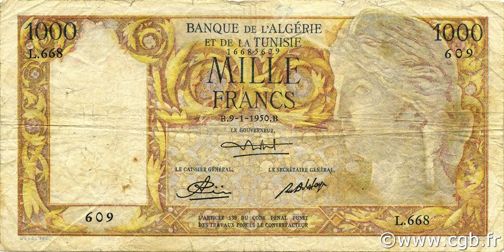 1000 Francs ALGÉRIE  1950 P.107a TB