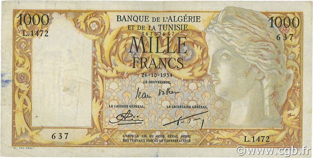 1000 Francs ALGÉRIE  1954 P.107b TTB