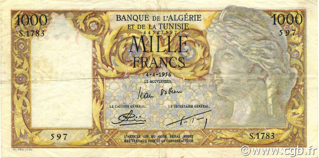 1000 Francs ALGÉRIE  1956 P.107b TTB+