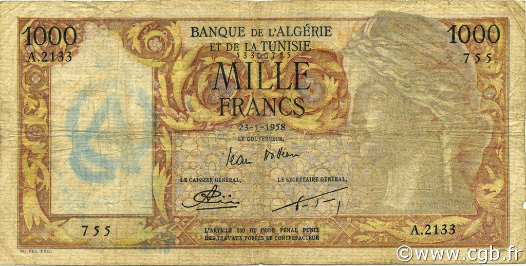 1000 Francs ALGÉRIE  1958 P.107b TB