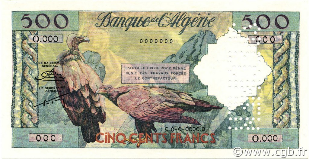 500 Francs ALGÉRIE  1958 P.117s NEUF