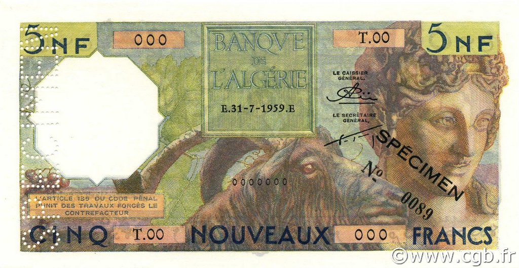 5 Nouveaux Francs Spécimen ALGÉRIE  1959 P.118s SPL