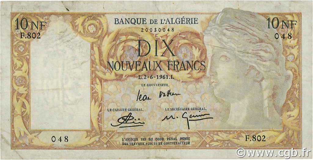 10 Nouveaux Francs ALGÉRIE  1961 P.119a TB+