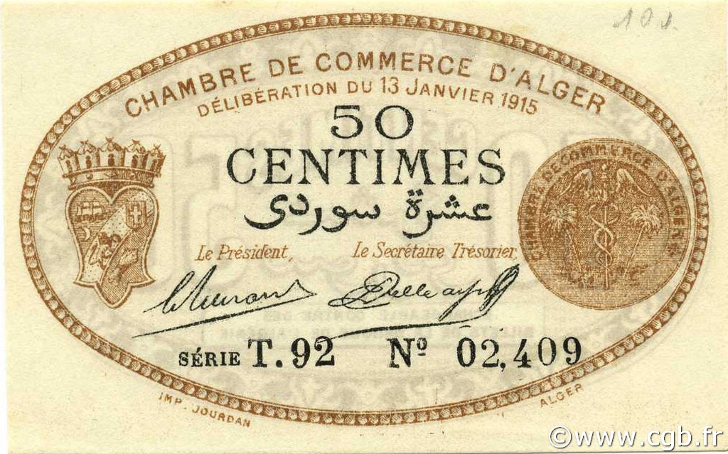 50 Centimes ALGÉRIE Alger 1915 JP.137.09 NEUF